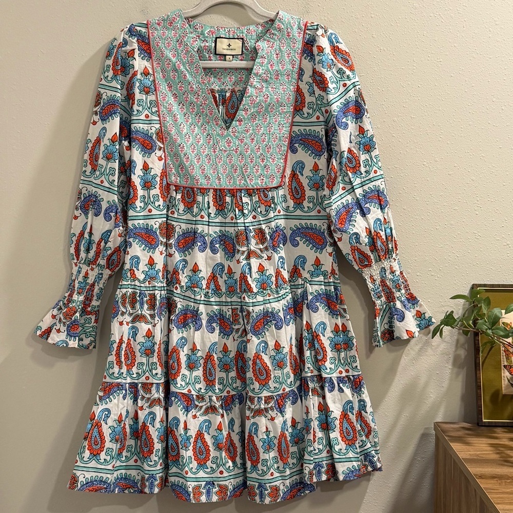 Tuckernuck Size Small Teal Seagrass Print Kenzo Mini Dress Cotton Boho Brunch